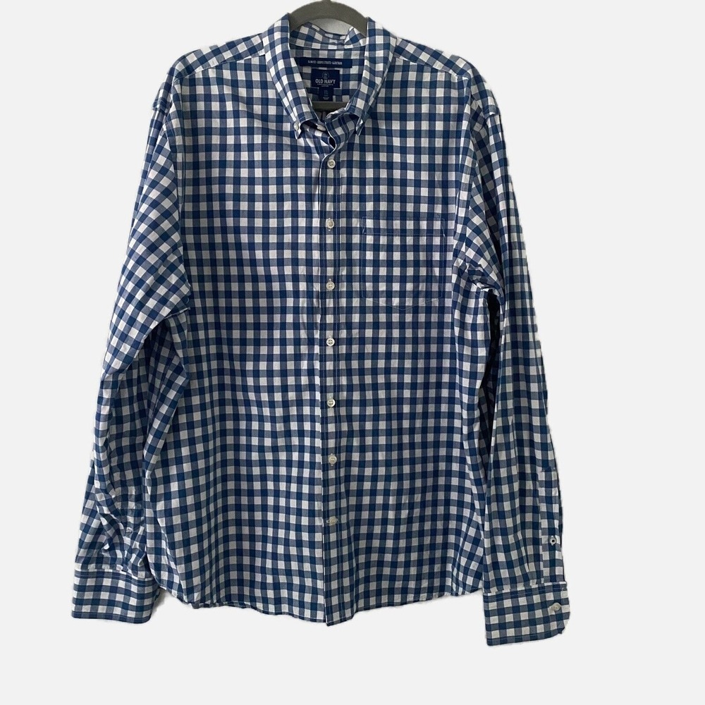 Old Navy Slim Fit Blue White Check Collared Button Down Men's Shirt Size XXL 2XL